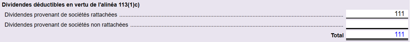 Capture d'écran : Dividendes déductibles en vertu de l'alinéa 113(1)(c)