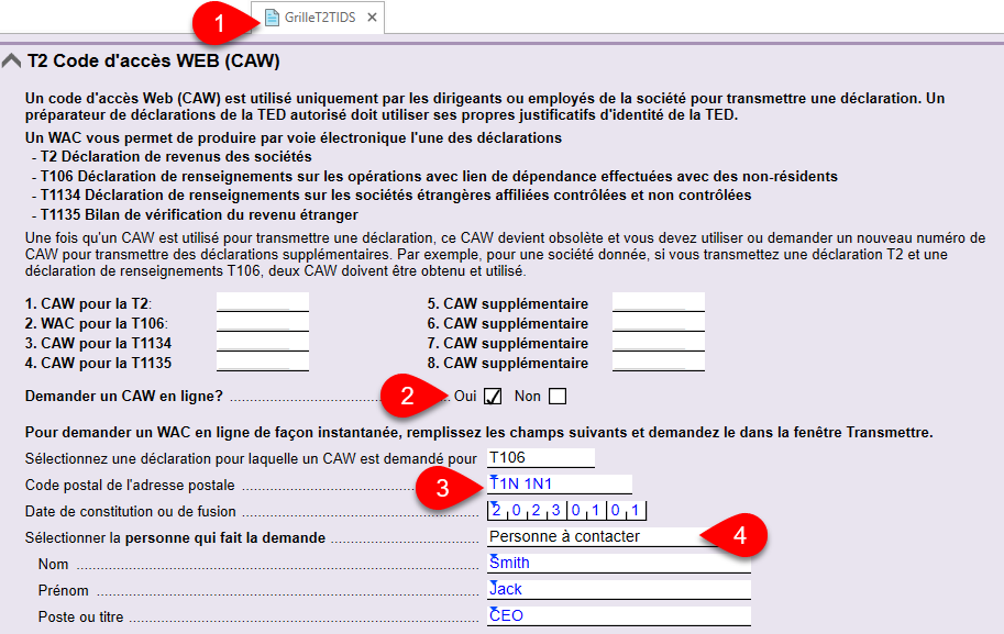 Capture d'écran : GrilleT2TIDS dans TaxCycle T2