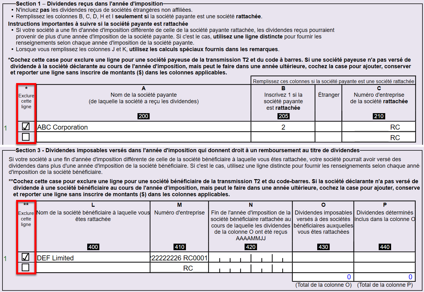 Capture d'écran : A3 Section 1 et Section 3