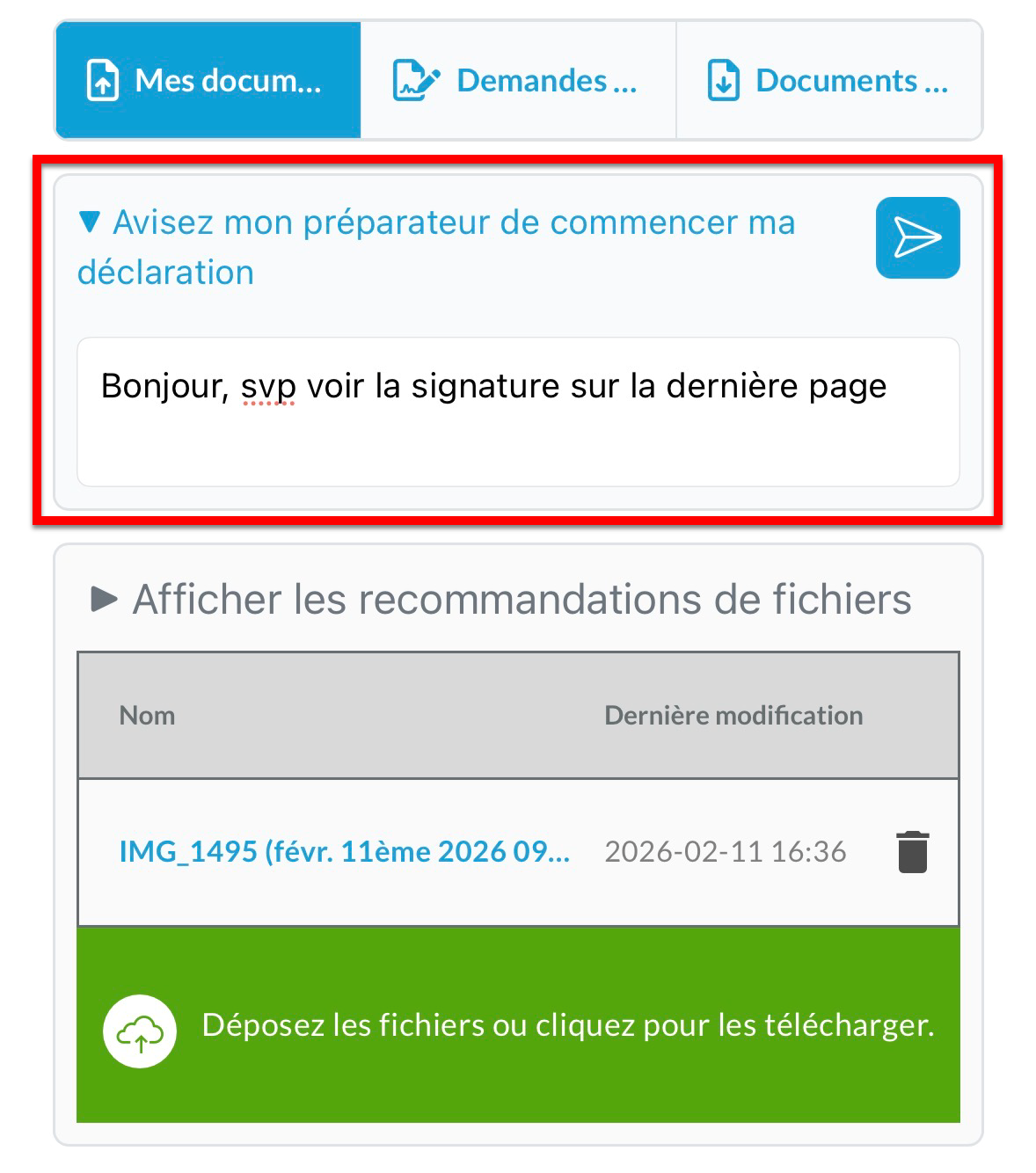 Capture d'écran : Avisez mon préparateur de commencer ma déclaration
