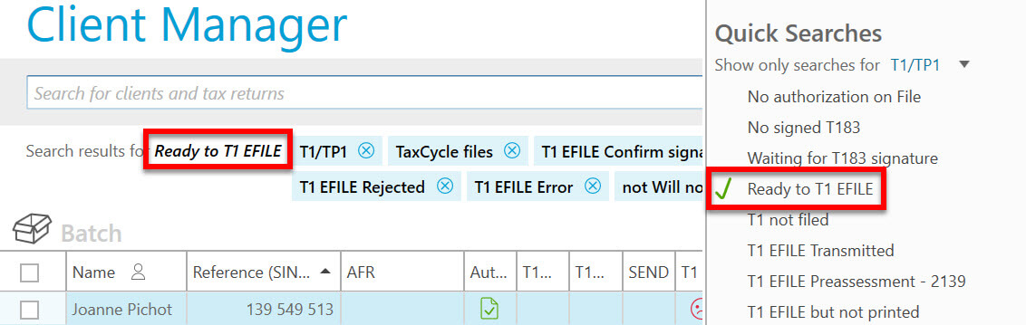 Screen capture: Ready to T1 EFILE filter applied in Client Manager