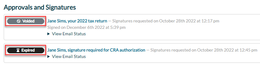 Screen Capture: Voided and Expired signature requests in TaxFolder