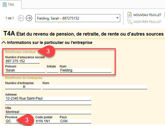 Capture d'écran : Saisir des données de destinataires sur un T4A