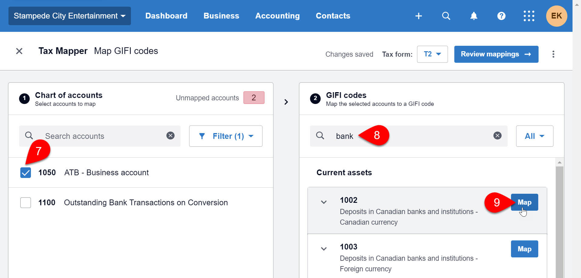 Screen Capture: Map bank account