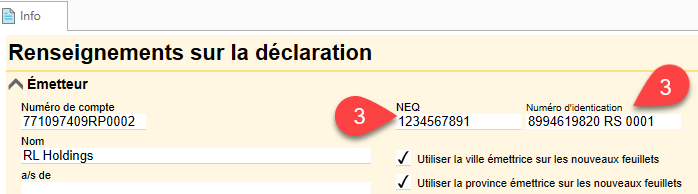 Capture d'écran : Régler le NEQ et le Numéro d’identification du Québec