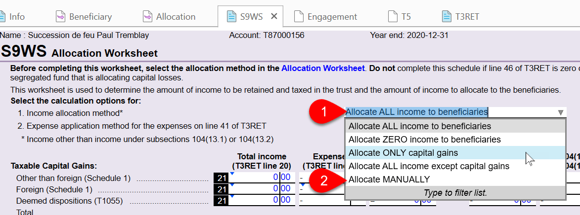 Screen Capture: Select Income Allocation Method