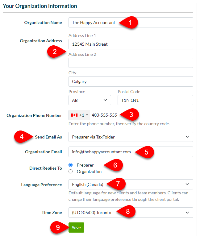 Screen Capture: Organization settings in TaxFolder