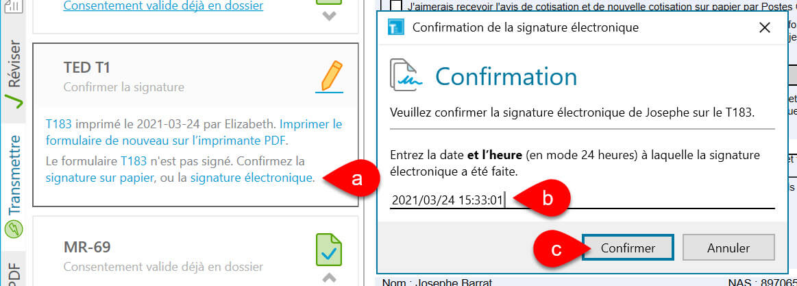 Capture d’écran : Confirmer la signature électronique avant la production