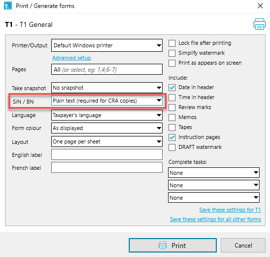 Screen Capture: Print / Generate forms in TaxCycle T1