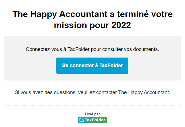 Capture d'écran : Envoi d'un courriel au client sur la mission de TaxFolder
