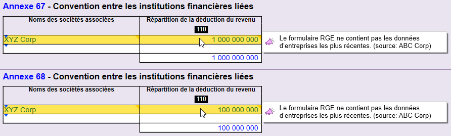 Capture d'écran : Message de révision dans les tableaux des A67 et A68 sur la grille de calcul RGE