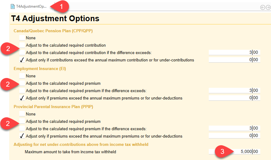 Choose T4 adjustment thresholds on the T4AdjustmentOptions worksheet