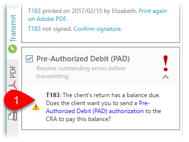 Balance due message in the Transmit sidebar