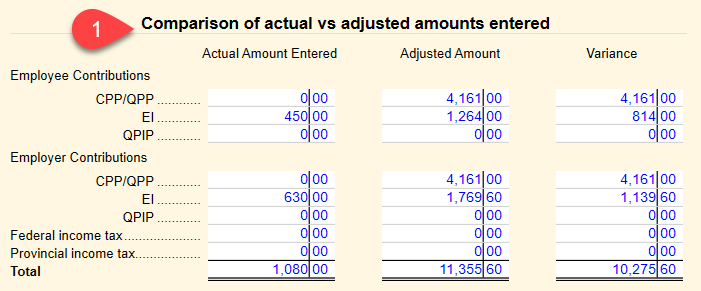 Screen Capture: Adjustment comparison on the worksheet