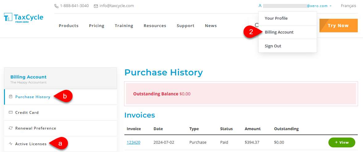 Screen Capture: TaxCycle Billing Account