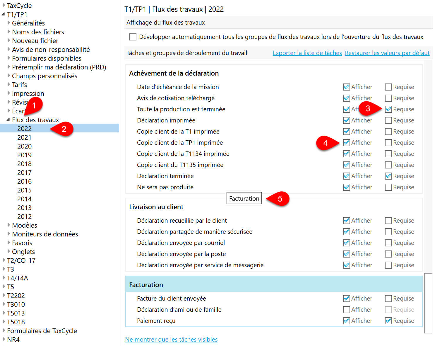 Screen Capture: Options du flux des travaux