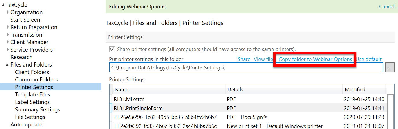 Screen Capture: Copy Printer Settings to Options Profile
