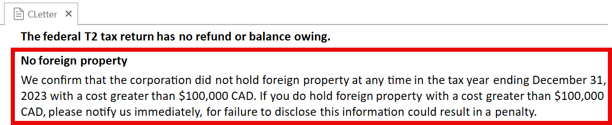 Screen Capture: Foreign property paragraph in the CLetter
