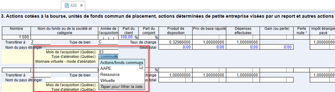 Capture d'écran : Saisir les gains en capital du QC