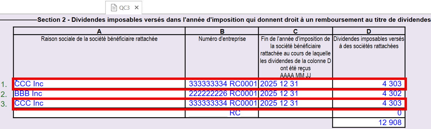 Capture d'écran : Lignes en double dans QC3