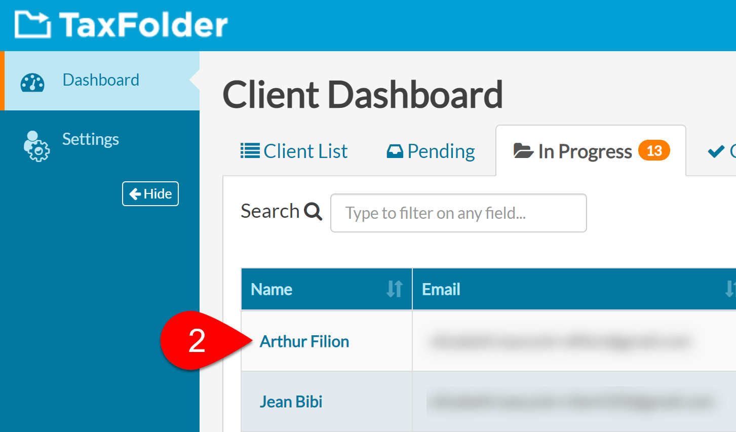 Screen Capture: Client Dashboard