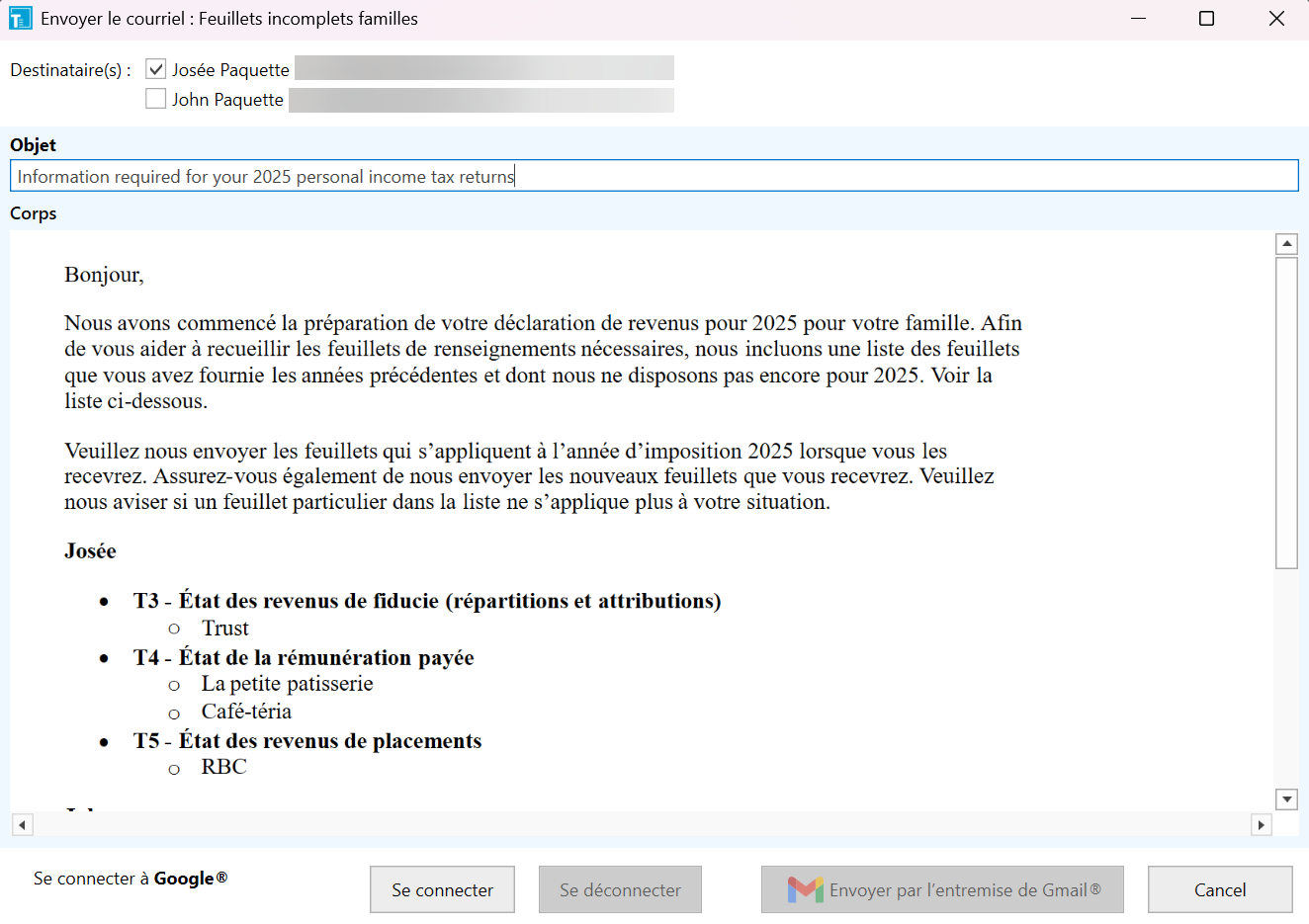 Capture d'écran : Envoyer un courriel à plusieurs destinataires