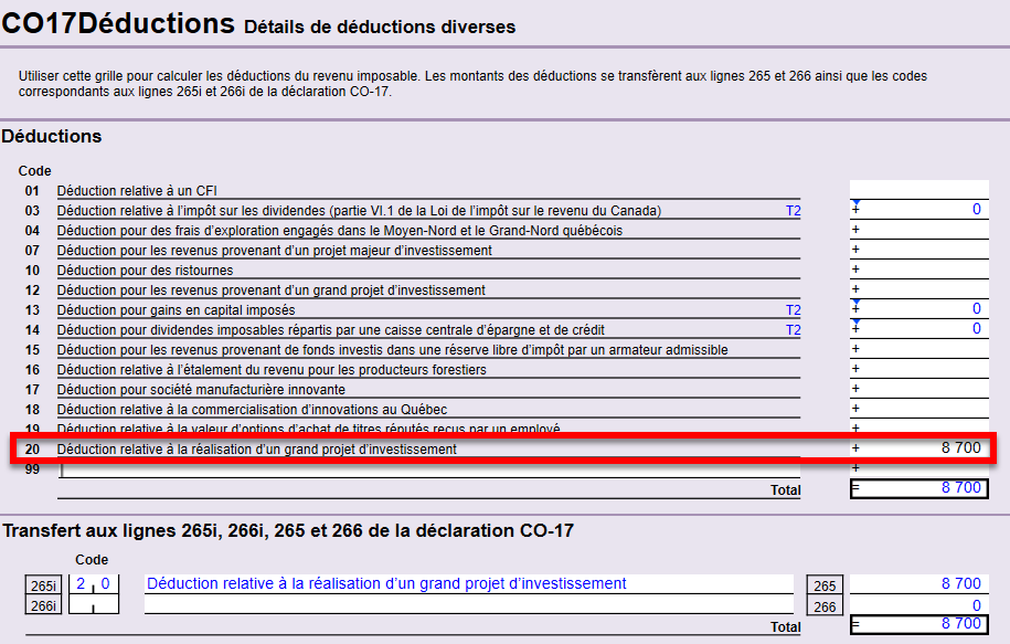 Capture d’écran : Entrer un montant sur la grille de calcul CO17Déductions