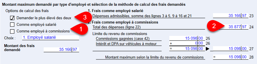 Réclamation maximale par type d'employé et choix de la méthode de réclamation