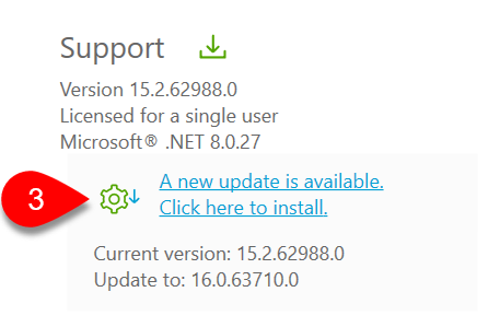 Screen capture of the auto-update message with a gear icon next to it on the TaxCycle Start screen.