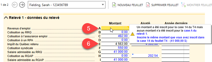 Capture d'écran : Relevé 1 - données du relevé sur le feuillet T4