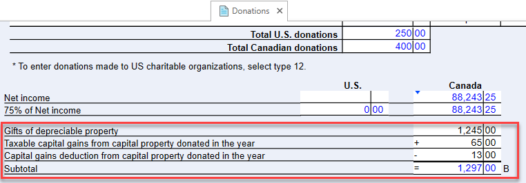 Screen Capture: Gifts of depreciable property on Donations worksheet