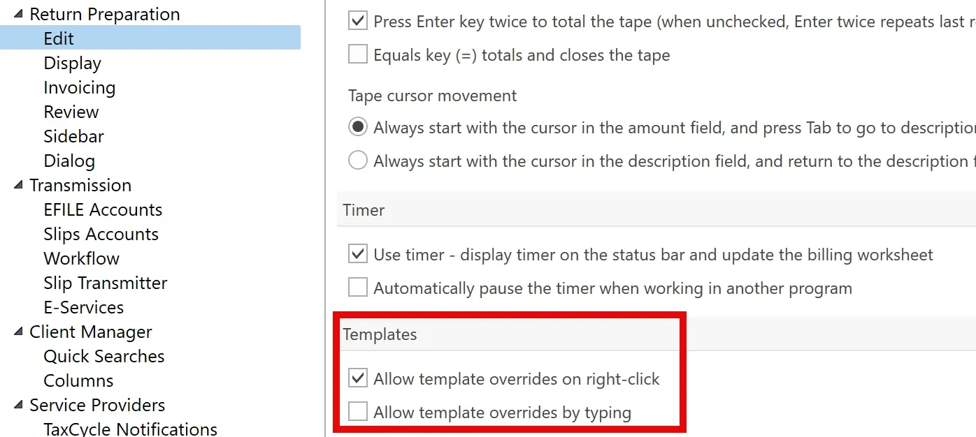 Screen Capture: Template Override Options