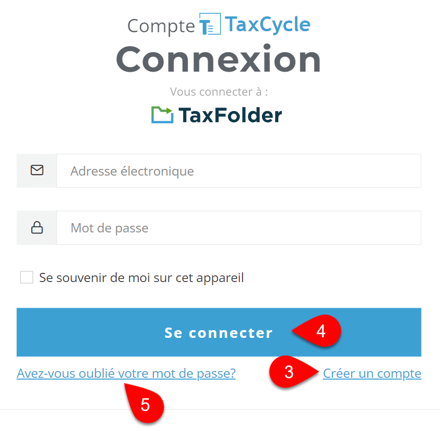 Capture d'écran : Se connecter avec un compte TaxCycle