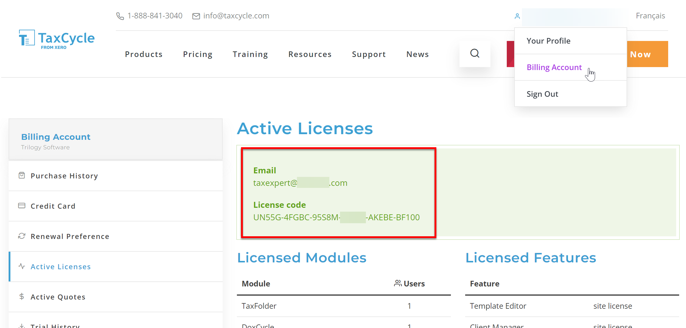 Screen Capture: Active Licenses