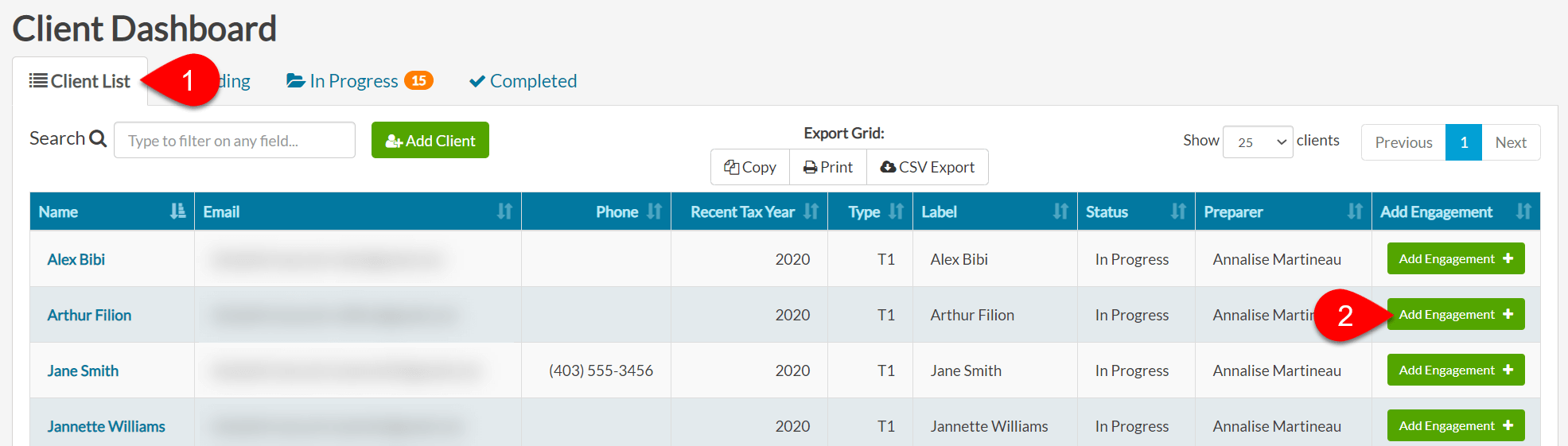 Screen Capture: Add Engagement from the Client Dashboard