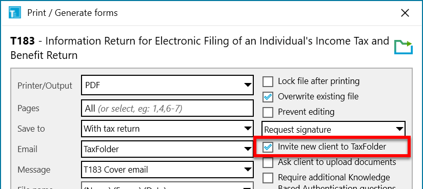 Screen Capture: Invite new client to TaxFolder