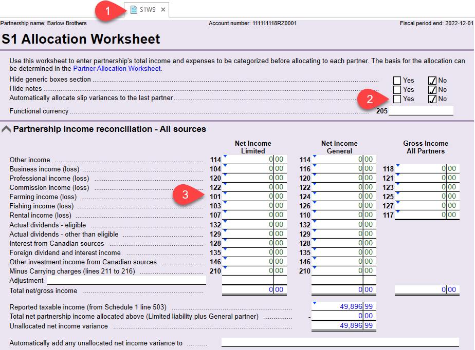Screen Capture: S1 Allocation worksheet