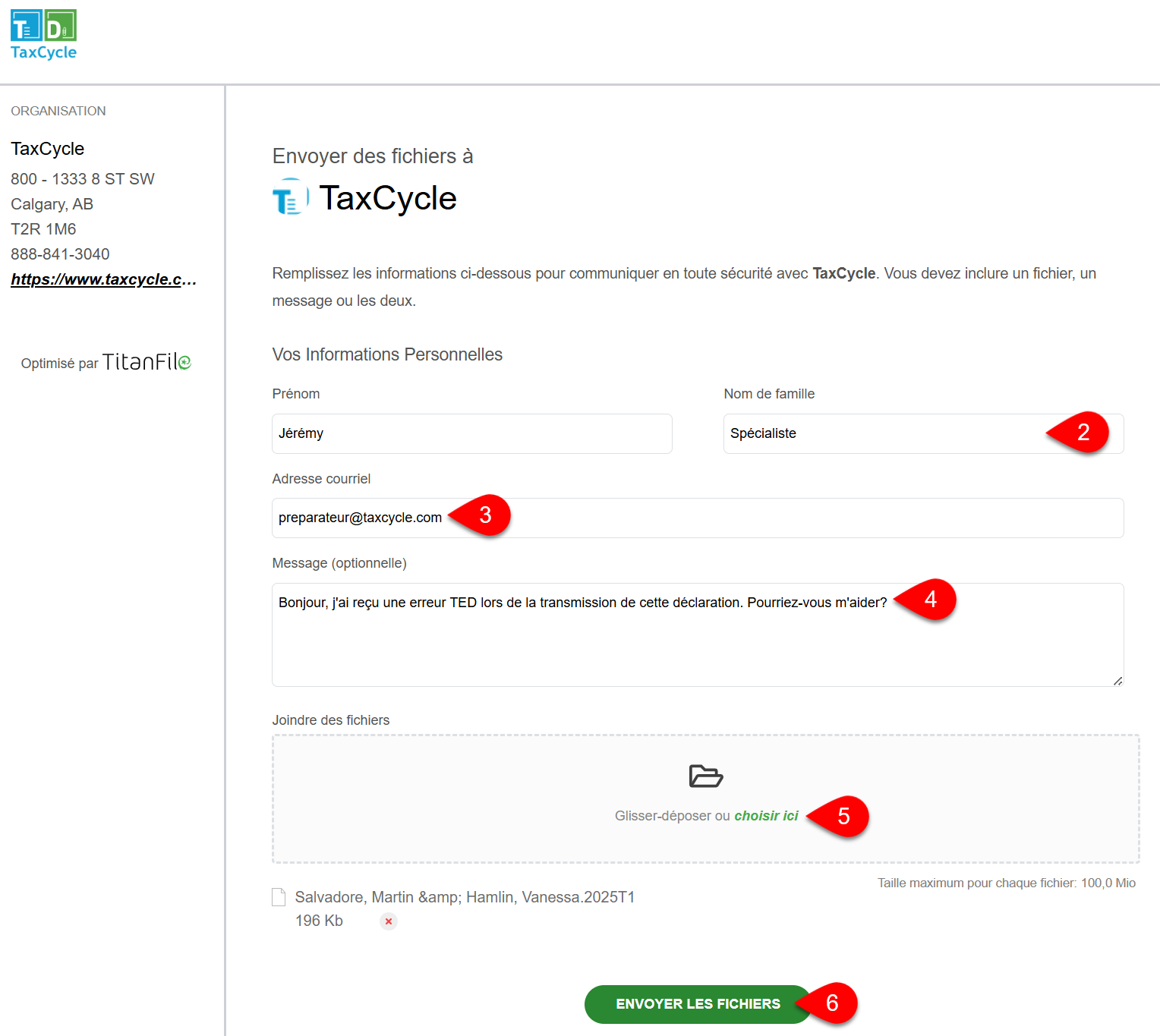 Capture d'écran&nbsp;: TaxCycle Secure Submit