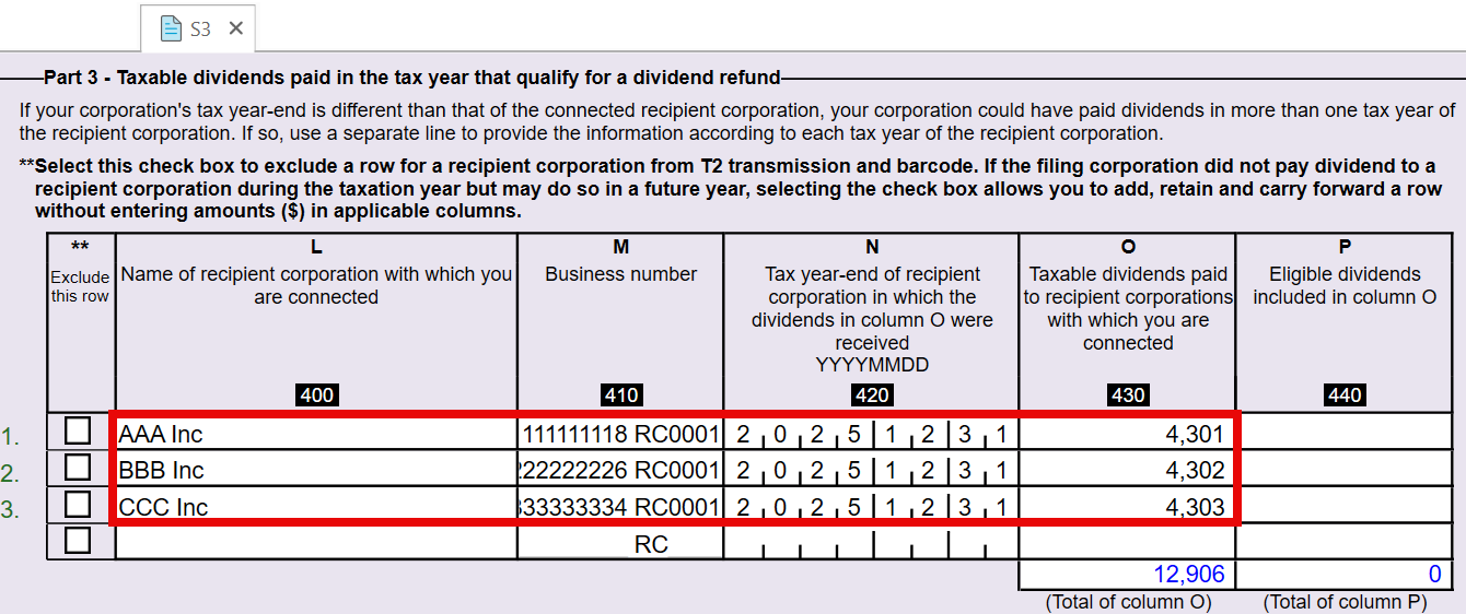 Screen Capture: Part 3 table on federal Schedule 3