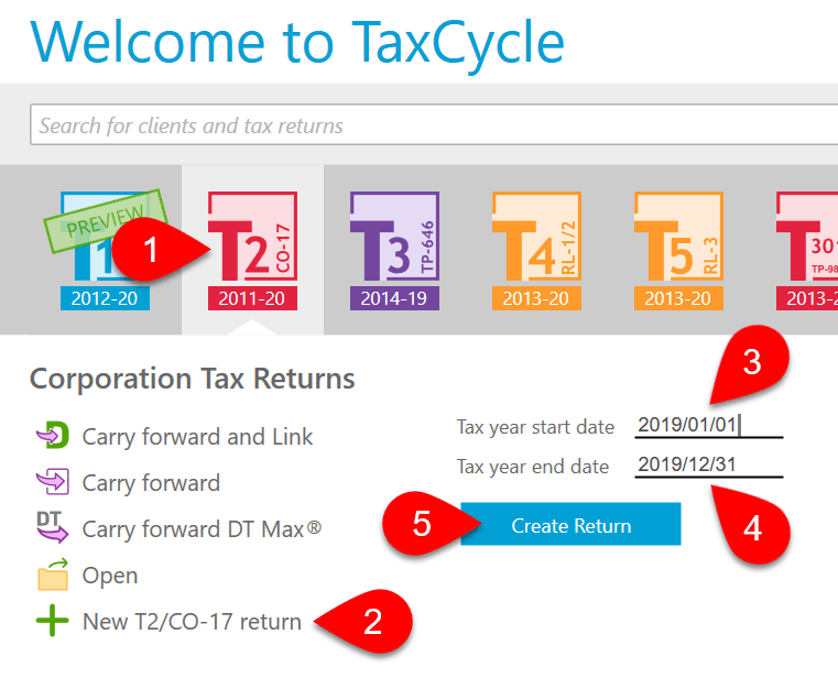 Screen Capture: TaxCycle Start Screen