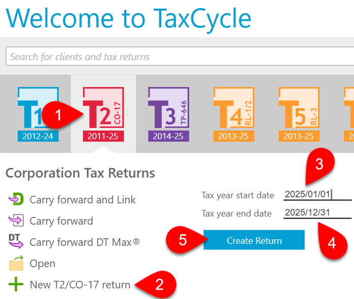 Screen Capture: TaxCycle Start Screen