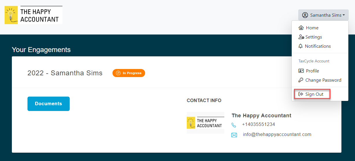 Screen Capture: Sign out of TaxFolder Client Portal