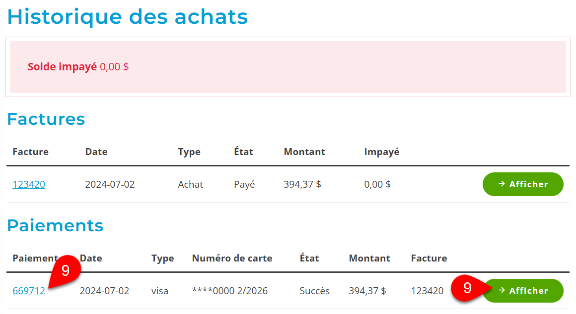 Capture d'écran : Afficher le reçu de paiement