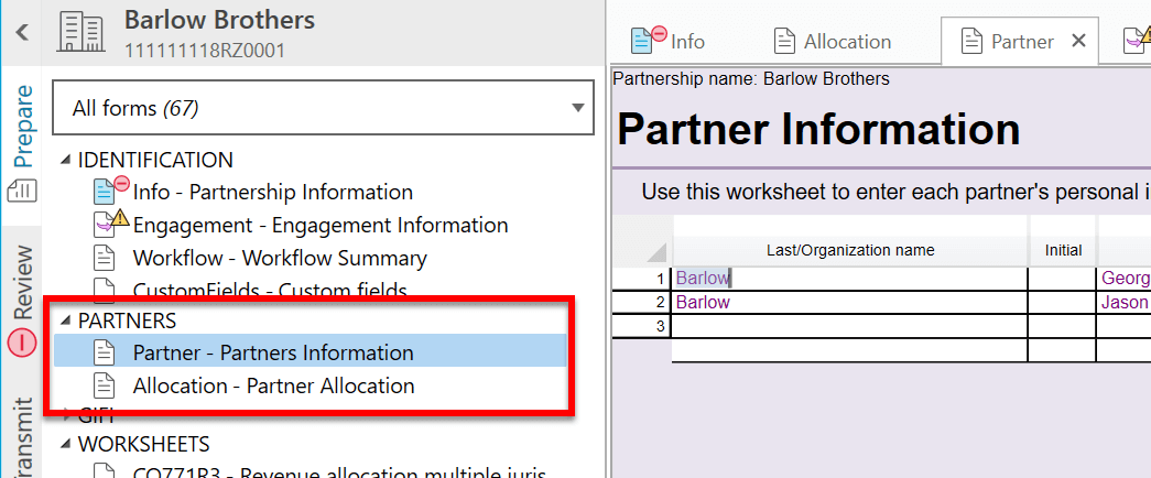Screen Capture: Partner Information Worksheet