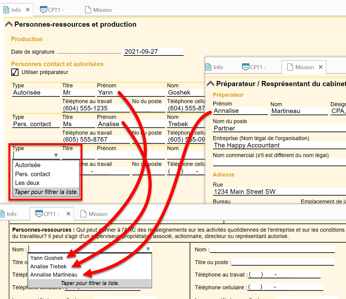 Capture d’écran : Contact et personnes autorisées