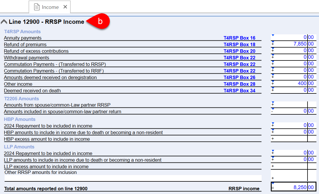 Screen capture: Line 12900 section of Income worksheet