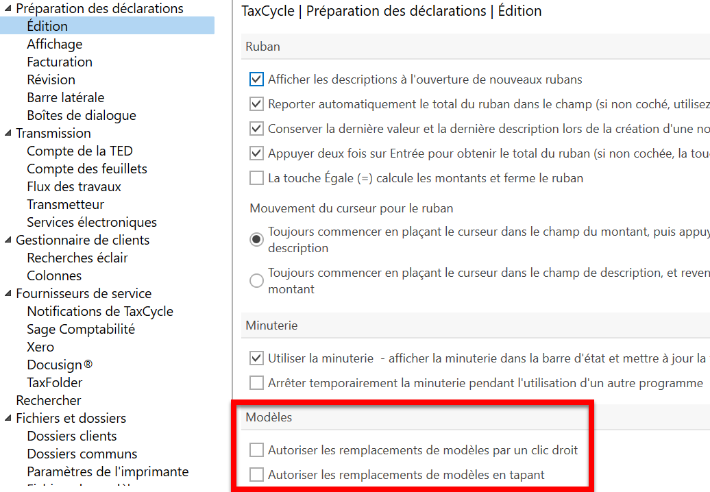 Capture d'écran&nbsp;: Options de remplacement du modèle