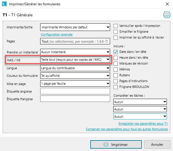 Capture d'écran : Impression / Créer des formulaires dans TaxCycle T1