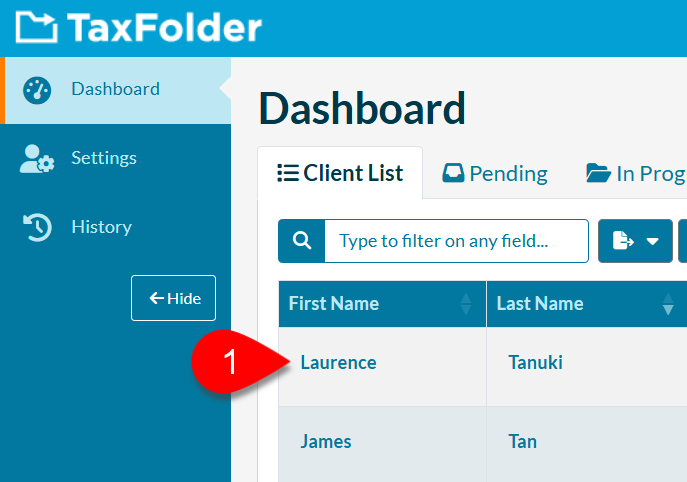 Screen Capture: Client name in Dashboard