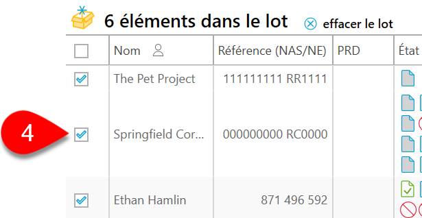 Capture d'écran&nbsp;: Ajouter au lot à partir de l'affichage Liste des déclarations